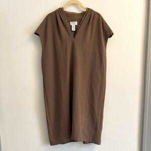 Carmen Taupe Shift Cap Sleeve Crepe V Neck Dress- Taupe/Brown - Size L